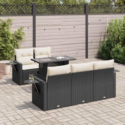 6-delige Loungeset met kussens poly rattan zwart