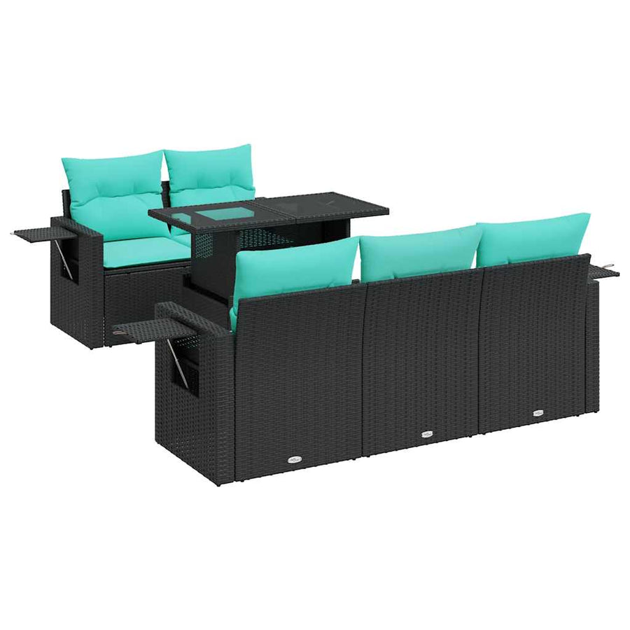 6-delige Loungeset met kussens poly rattan acacia zwart
