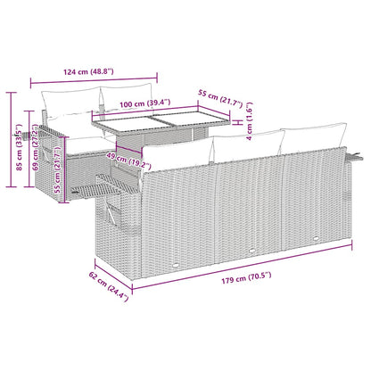 6-delige Loungeset met kussens poly rattan acacia zwart