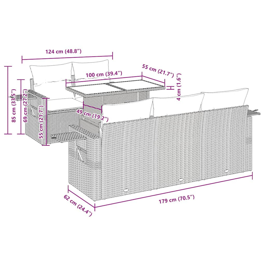 6-delige Loungeset met kussens poly rattan acacia zwart