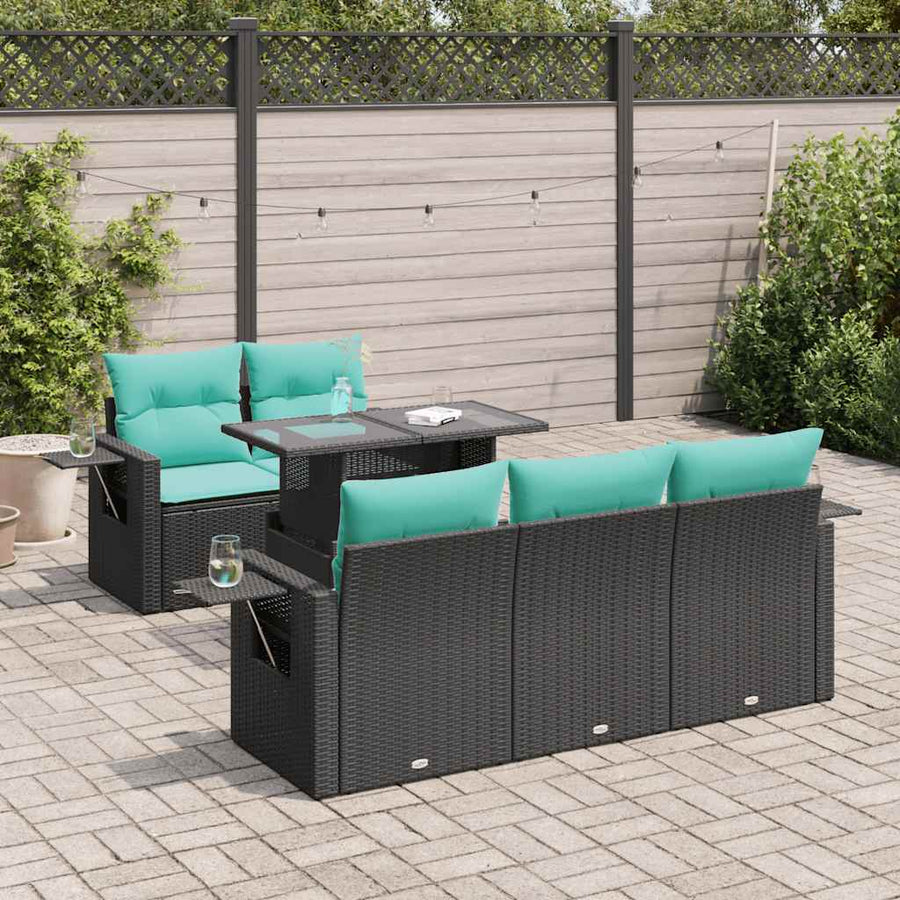 6-delige Loungeset met kussens poly rattan acacia zwart