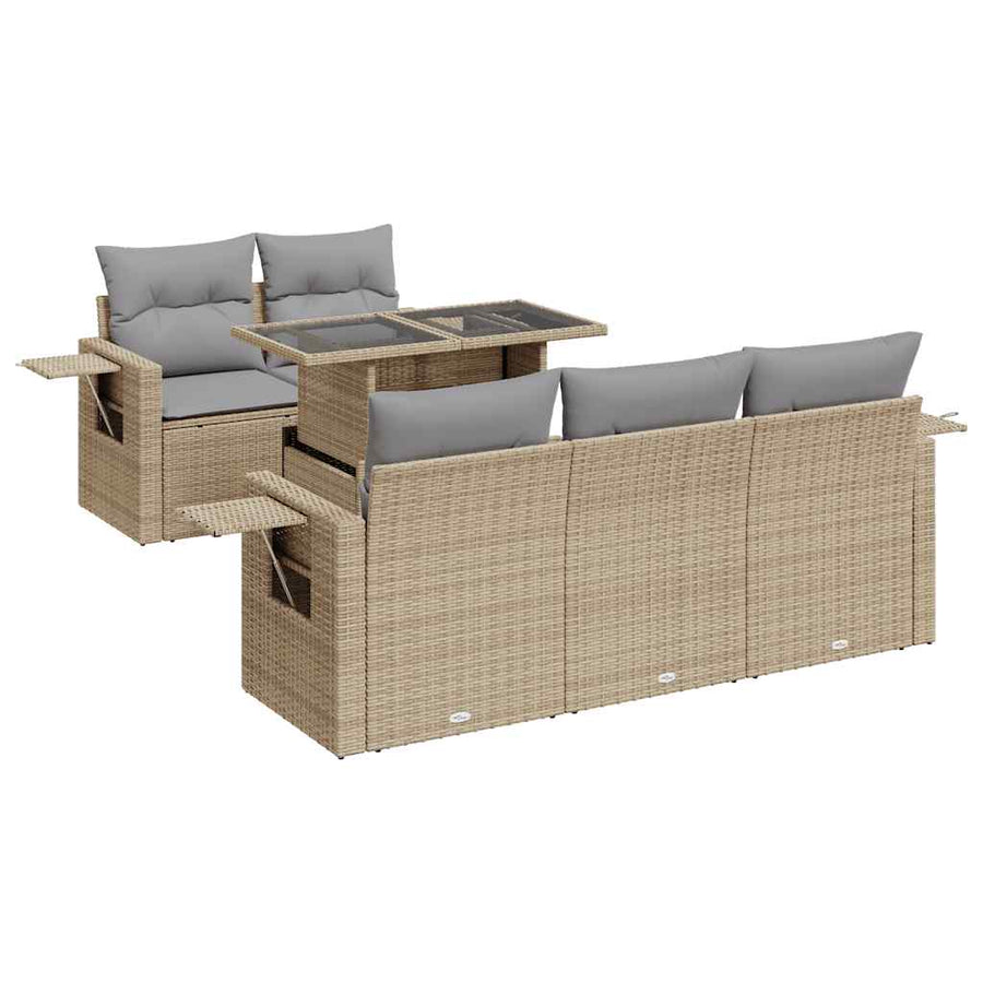 6-delige Loungeset met kussens poly rattan beige