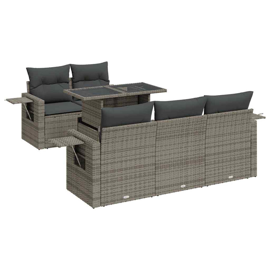 6-delige Loungeset met kussens poly rattan grijs