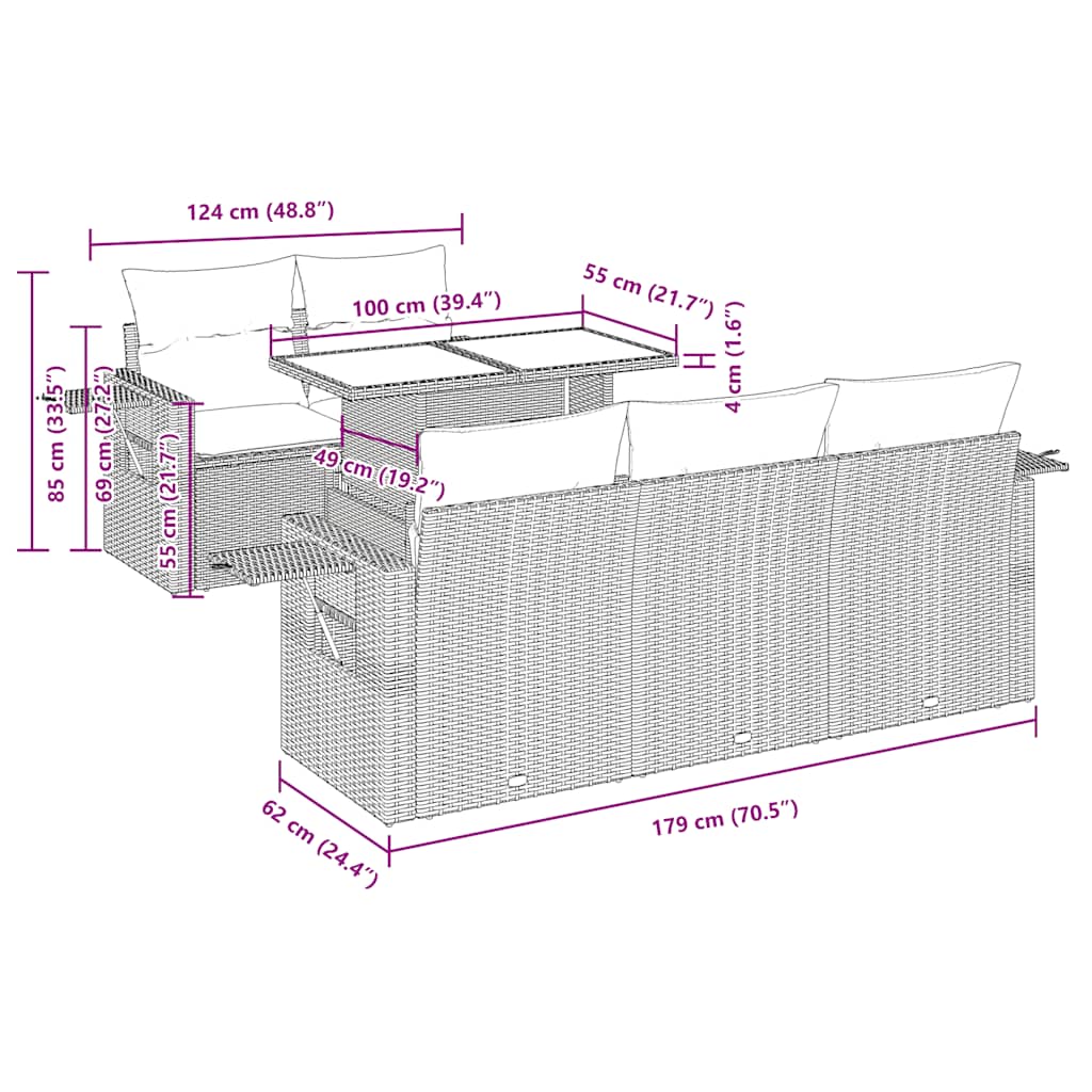 6-delige Loungeset met kussens poly rattan acacia zwart