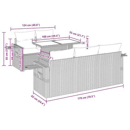 6-delige Loungeset met kussens poly rattan acacia zwart