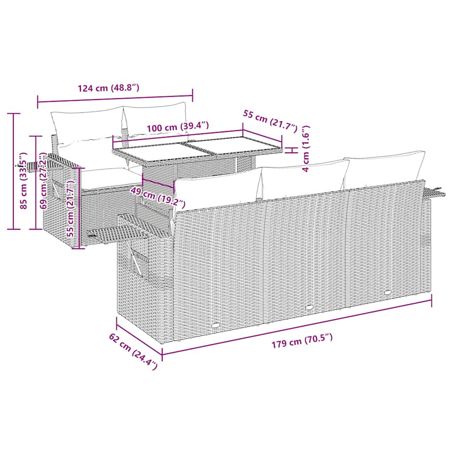 6-delige Loungeset met kussens poly rattan acacia zwart