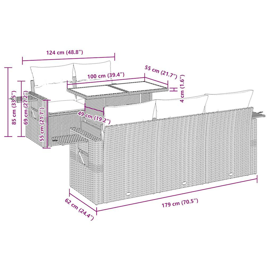 6-delige Loungeset met kussens poly rattan lichtgrijs