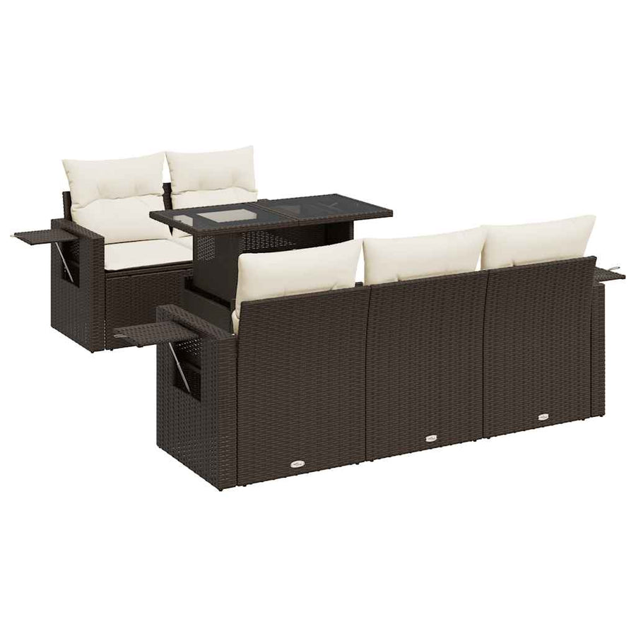 6-delige Loungeset met kussens poly rattan bruin