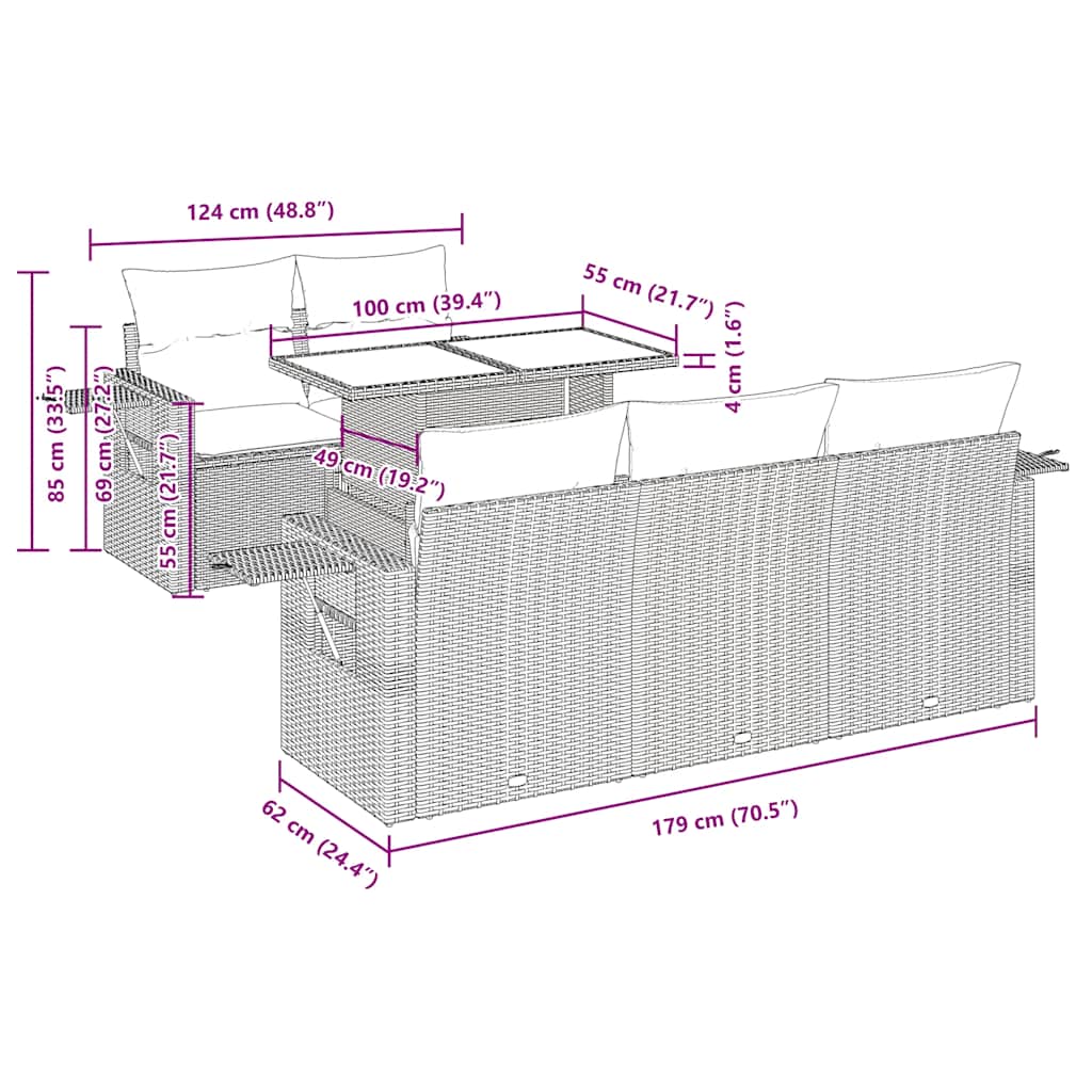 6-delige Loungeset met kussens poly rattan acacia grijs