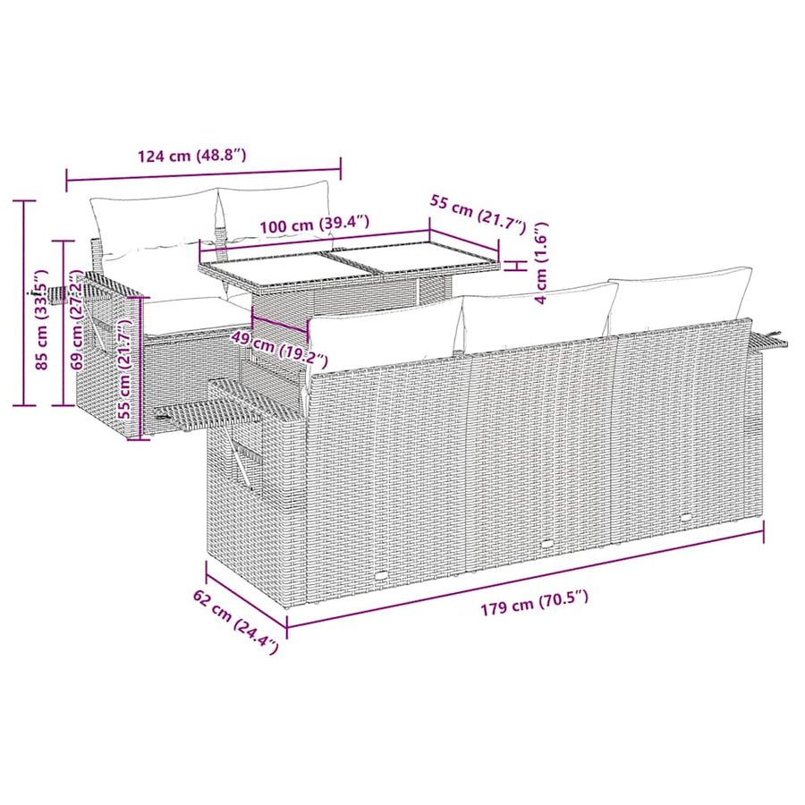 6-delige Loungeset met kussens poly rattan acacia grijs