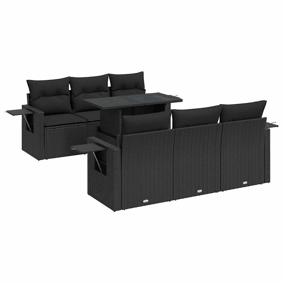7-delige Loungeset met kussens poly rattan zwart