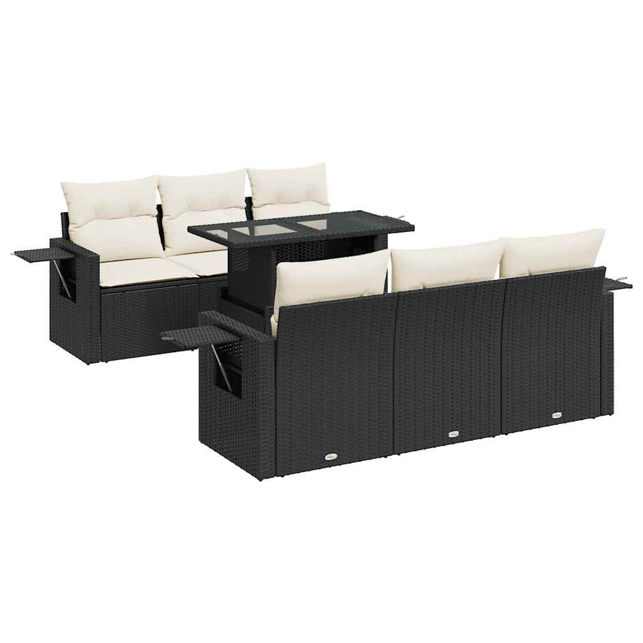 7-delige Loungeset met kussens poly rattan zwart