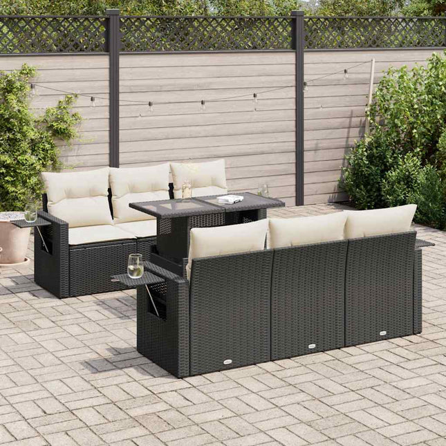 7-delige Loungeset met kussens poly rattan zwart