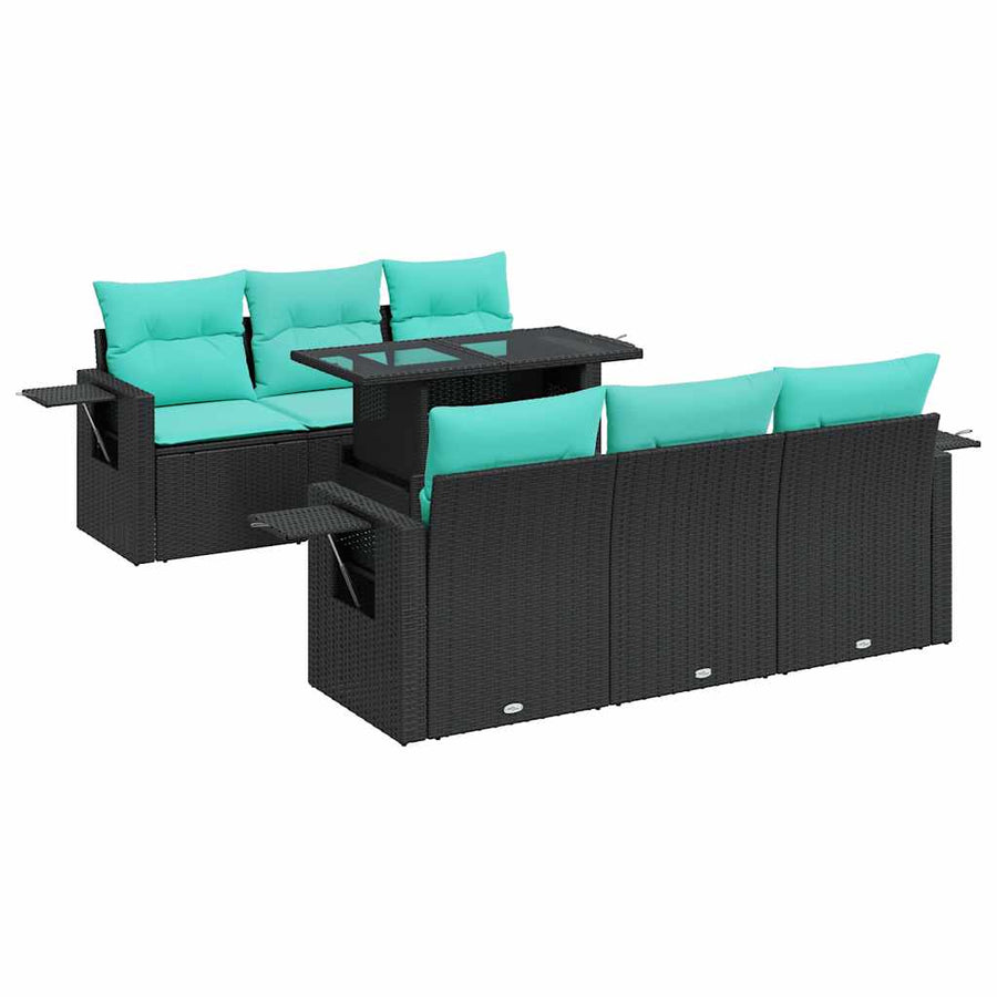 7-delige Loungeset met kussens poly rattan acacia zwart