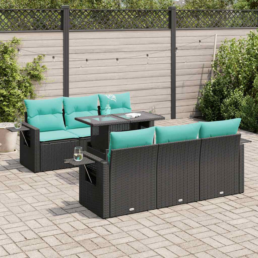 7-delige Loungeset met kussens poly rattan acacia zwart