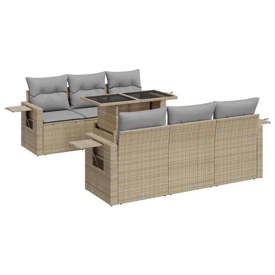 7-delige Loungeset met kussens poly rattan beige