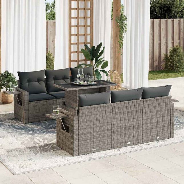 7-delige Loungeset met kussens poly rattan grijs