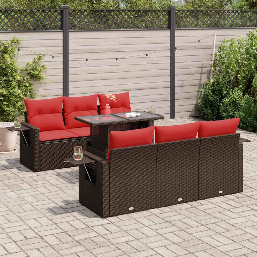 7-delige Loungeset met kussens poly rattan acacia grijs