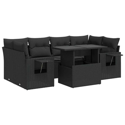 7-delige Loungeset met kussens poly rattan zwart