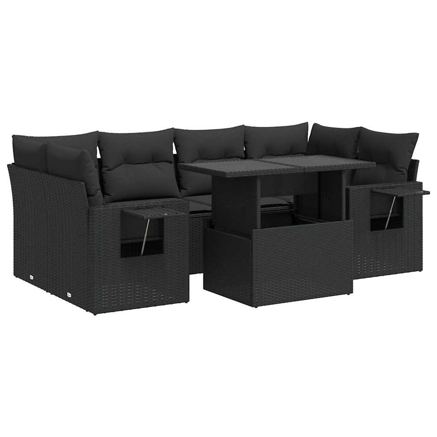 7-delige Loungeset met kussens poly rattan zwart