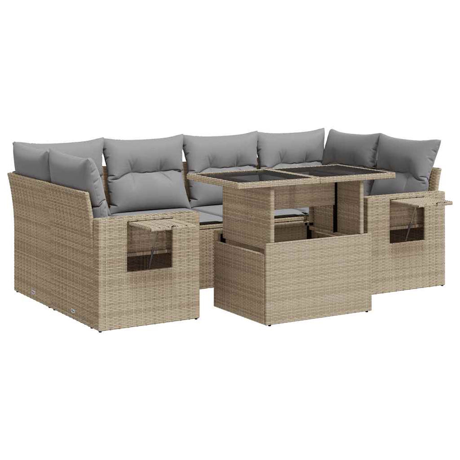 7-delige Loungeset met kussens poly rattan beige