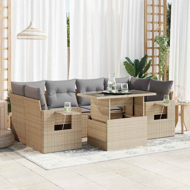 7-delige Loungeset met kussens poly rattan beige