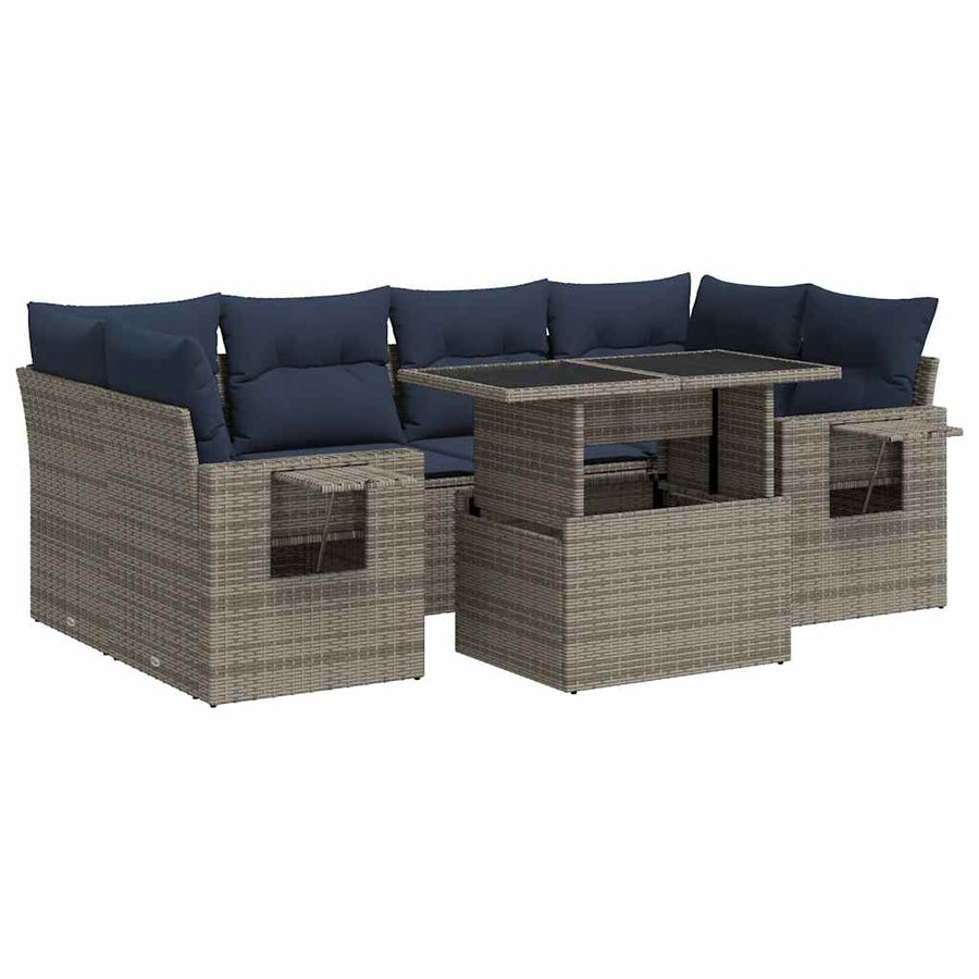 7-delige Loungeset met kussens poly rattan acacia zwart