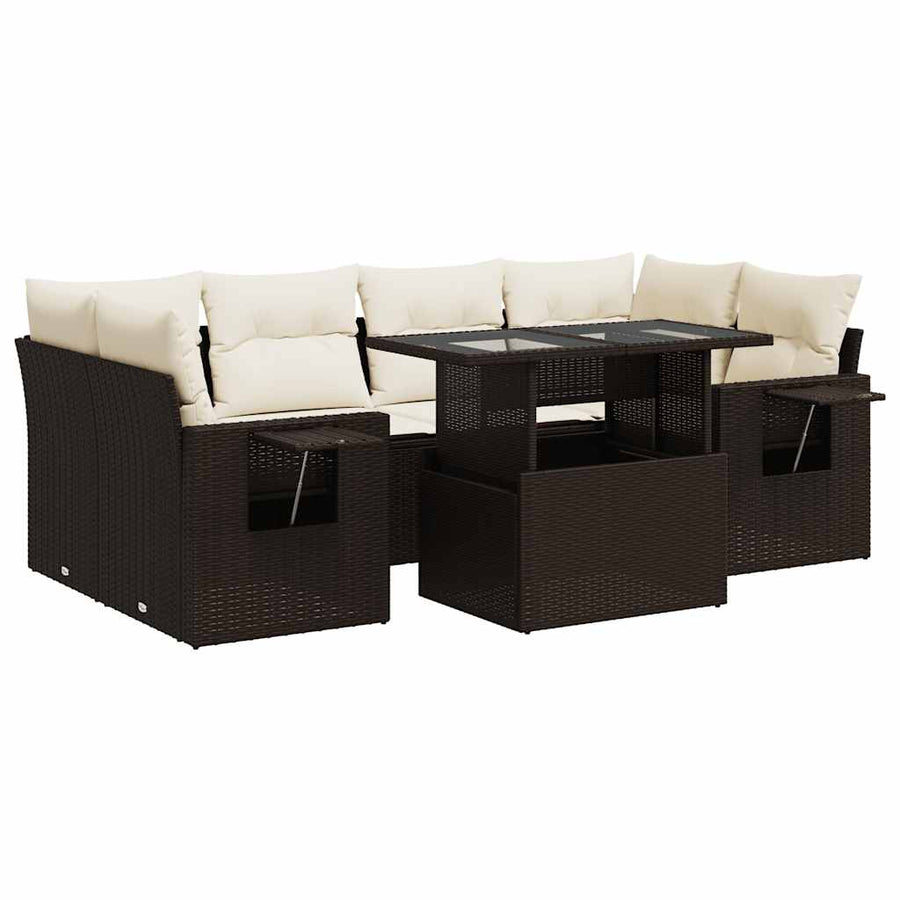 7-delige Loungeset met kussens poly rattan bruin
