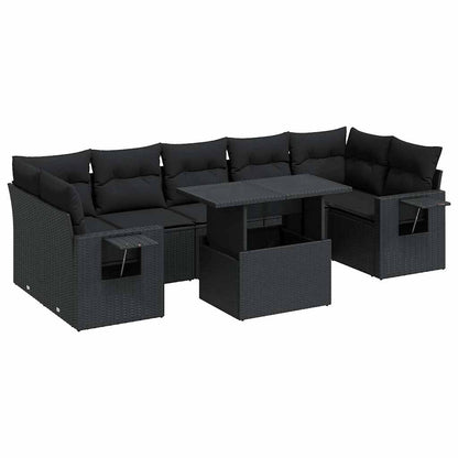 8-delige Loungeset met kussens poly rattan zwart