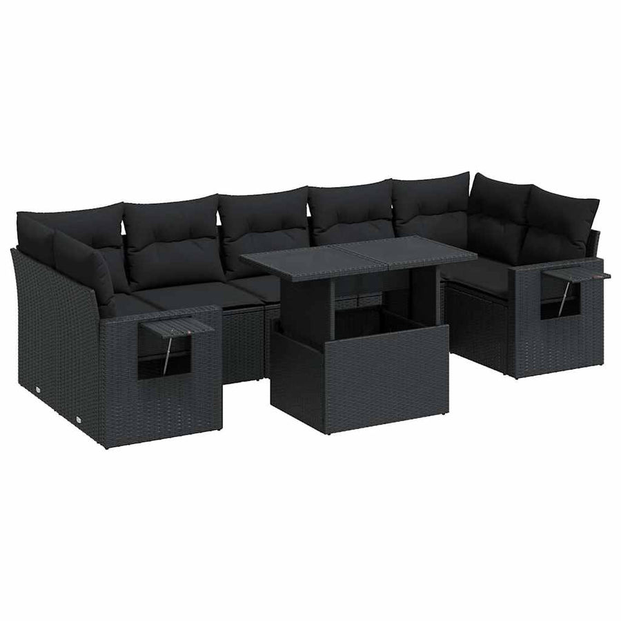 8-delige Loungeset met kussens poly rattan zwart