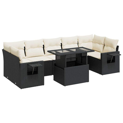 8-delige Loungeset met kussens poly rattan zwart