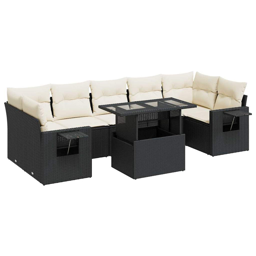 8-delige Loungeset met kussens poly rattan zwart