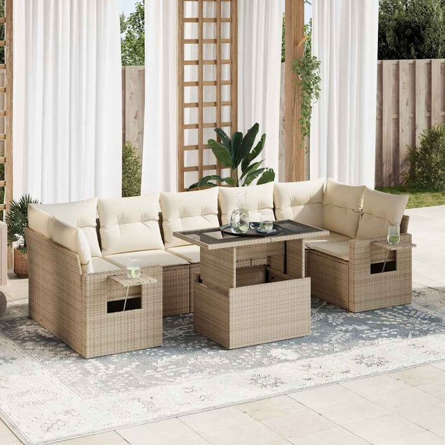 8-delige Loungeset met kussens poly rattan beige