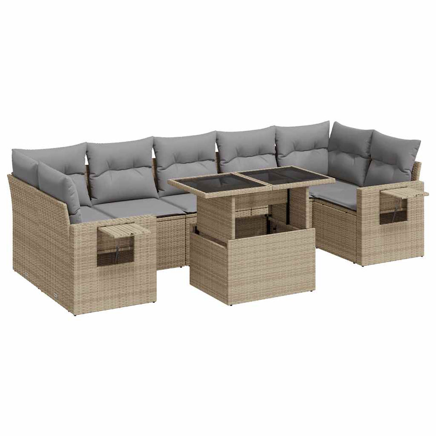 8-delige Loungeset met kussens poly rattan beige