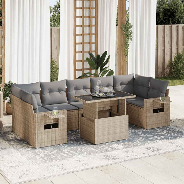 8-delige Loungeset met kussens poly rattan beige