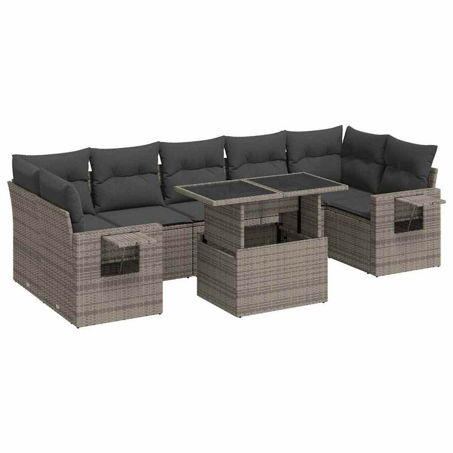 8-delige Loungeset met kussens poly rattan grijs