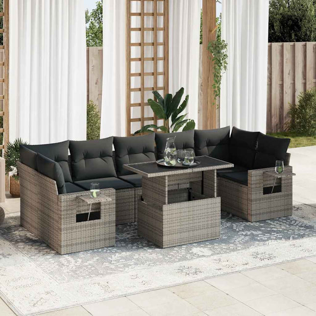 8-delige Loungeset met kussens poly rattan grijs