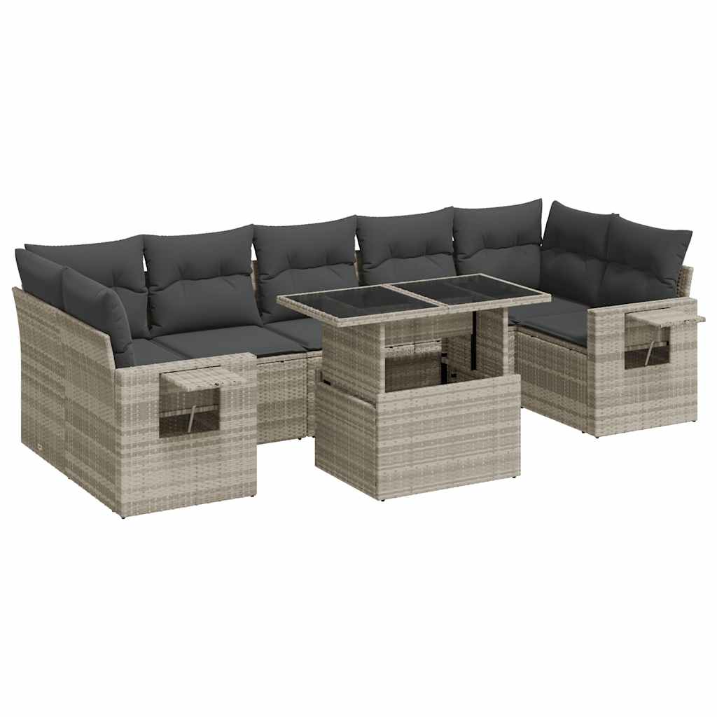 8-delige Loungeset met kussens poly rattan lichtgrijs
