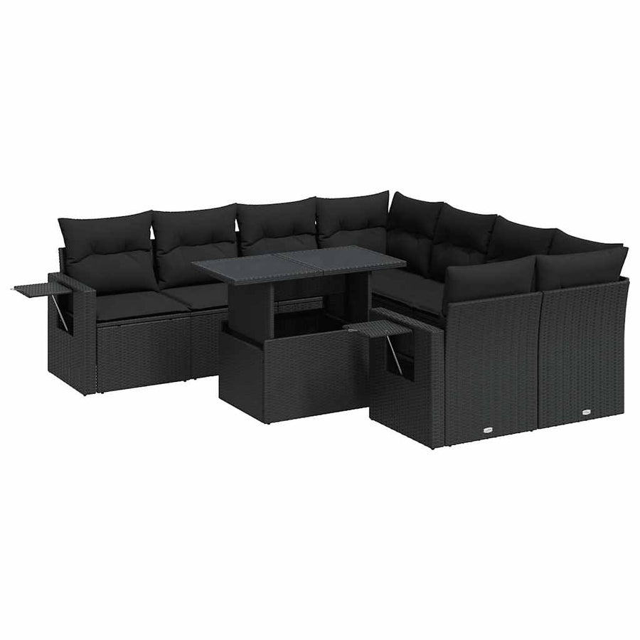 9-delige Loungeset met kussens poly rattan zwart
