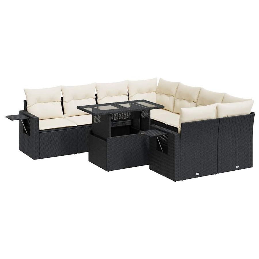 9-delige Loungeset met kussens poly rattan zwart