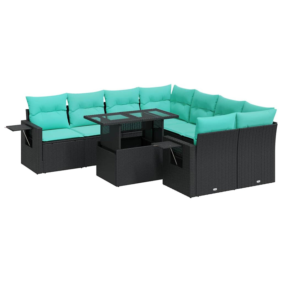 9-delige Loungeset met kussens poly rattan acacia zwart