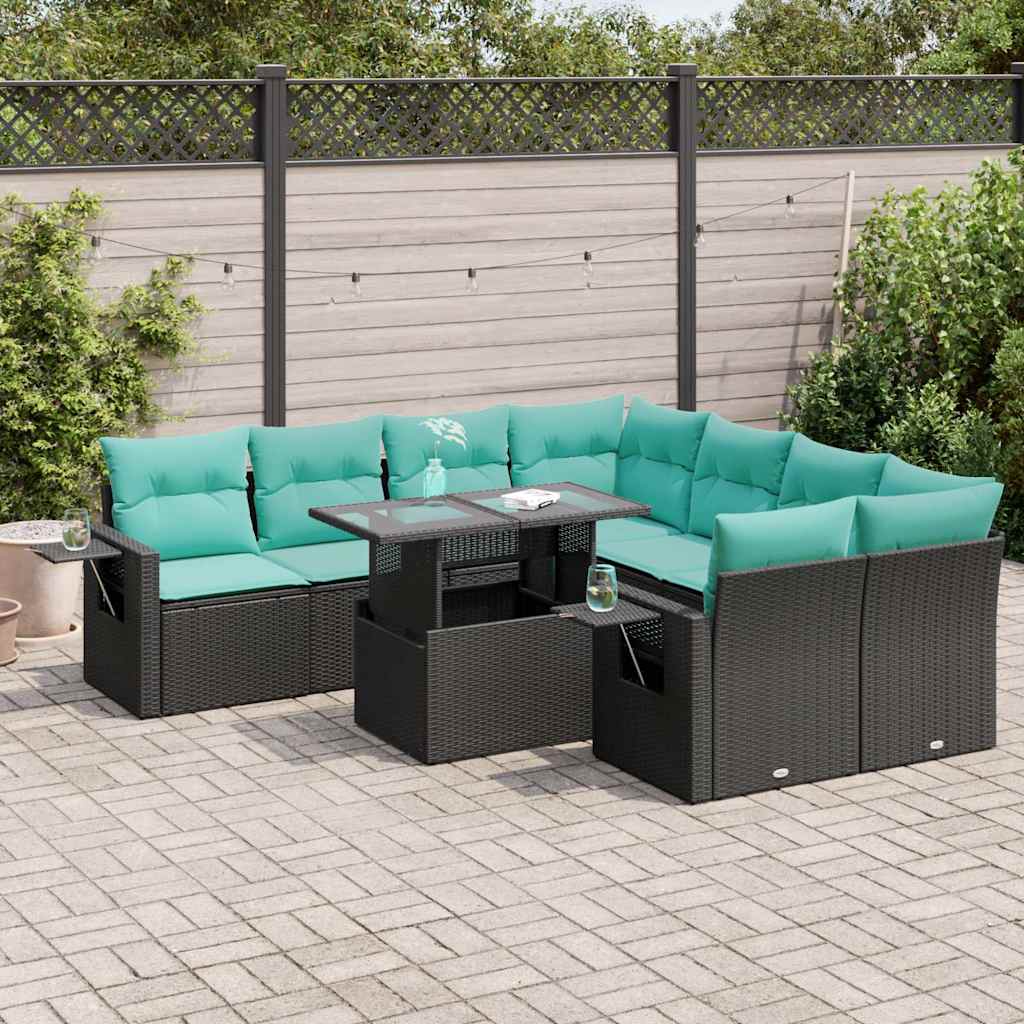9-delige Loungeset met kussens poly rattan acacia zwart
