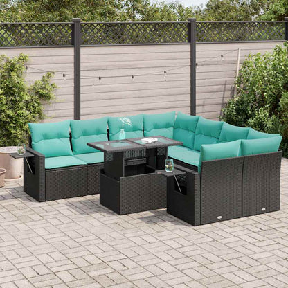 9-delige Loungeset met kussens poly rattan acacia zwart