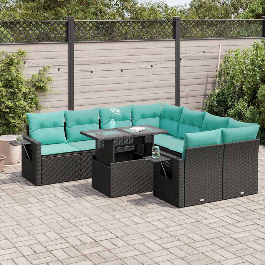 9-delige Loungeset met kussens poly rattan acacia zwart