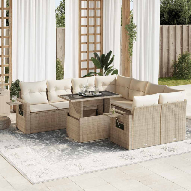 9-delige Loungeset met kussens poly rattan beige