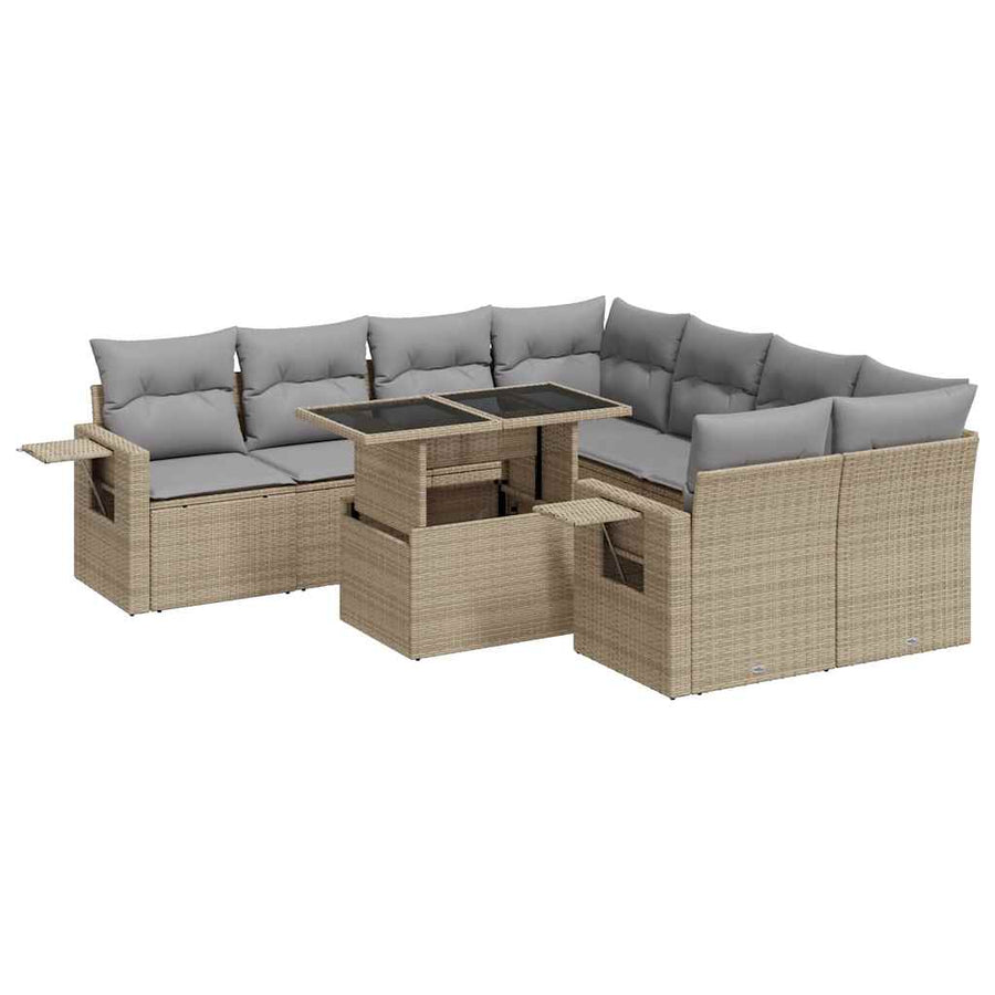 9-delige Loungeset met kussens poly rattan beige