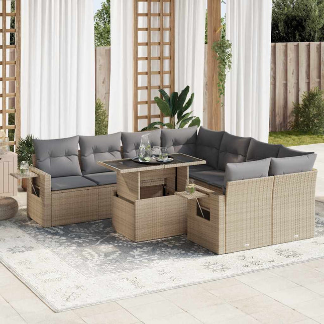 9-delige Loungeset met kussens poly rattan beige