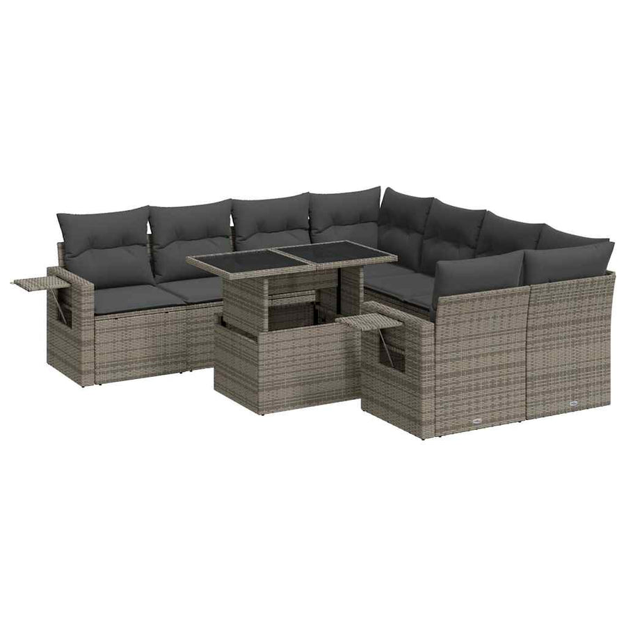 9-delige Loungeset met kussens poly rattan grijs