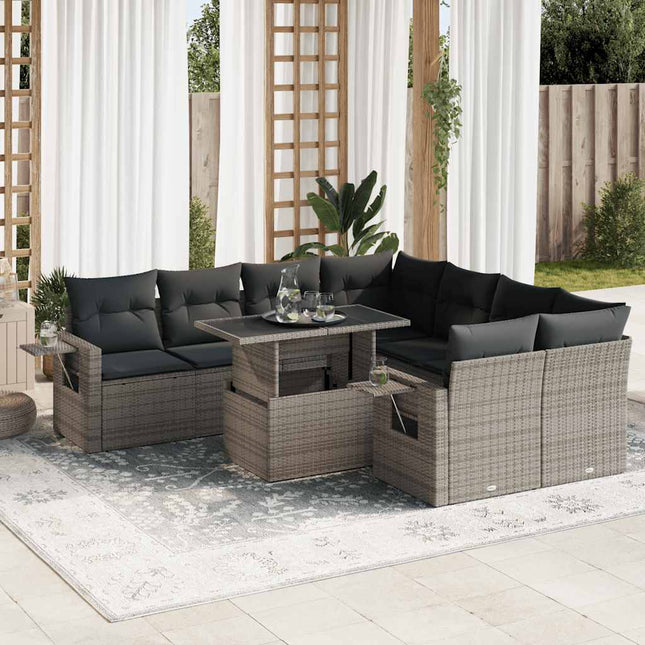 9-delige Loungeset met kussens poly rattan grijs