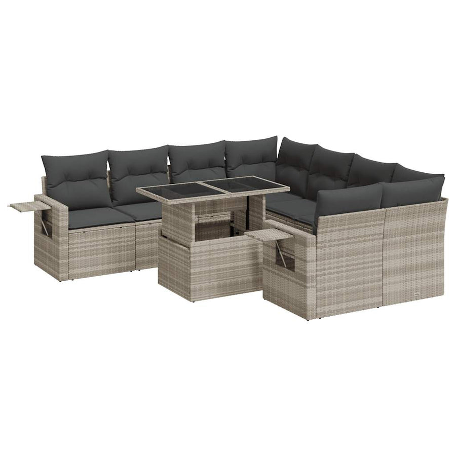 9-delige Loungeset met kussens poly rattan lichtgrijs